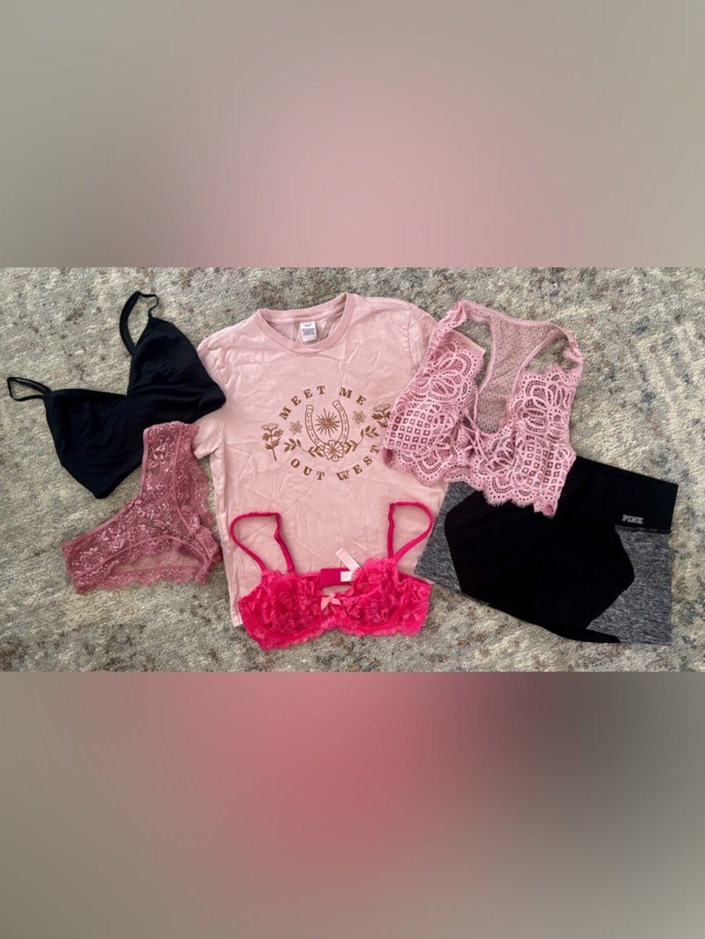 Victoria’s Secret PINK panties, bra, tee bralette lace pink, black lace Lingerie